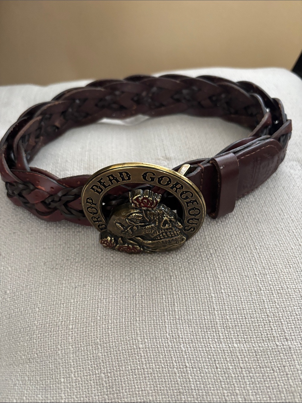 Harley Davidson Braided Brown Leather Belt w/Skull Buckle “Drop Dead Gorgeous” M